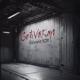 a stage set with graffiti written on the wall