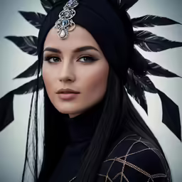 a woman with long hair wearing a head piece