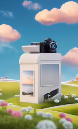 a computer sitting in front of a photo of a beach