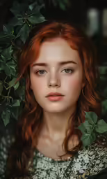 a woman is shown with red hair, brown eyes and leaves on her head