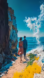two people walk on a pathway near the ocean