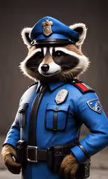 a rocket racoon dressed in blue standing on one leg,a very cute raccoon in a uniform and hat