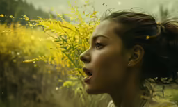 a young woman blowing her nose while standing in front of flowers