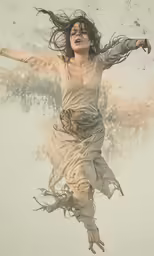 a woman dressed as jesus floating in a sea of water