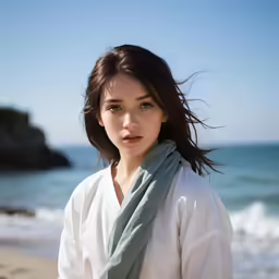 young girl standing by the ocean with her hair blowing in wind