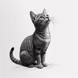 a black and white drawing of a cat looking up