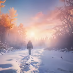 a person is walking in the snow towards the sun