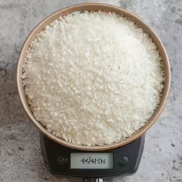 white rice in a bowl on top of the scale