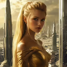 an art - print of the model in a golden dress