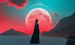 a girl standing in front of a red full moon