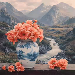 orange flowers in a vase sitting on a ledge