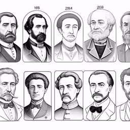 a line up of portraits from different eras to the present day,an illustrated image of different presidents in black and white,an old portrait showing different people,a line drawing of people from the century 1900 - 1920,an old black and white drawing of different presidents