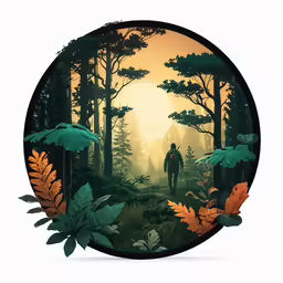 a person walking through a forest surrounded by trees
