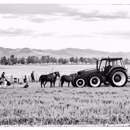 an old tractor and horses standing in a field