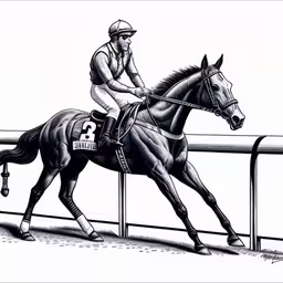 a drawing of a man on top of a horse,a person on top of a horse racing the track