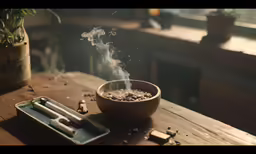 a wooden table that has a bowl with some food on it