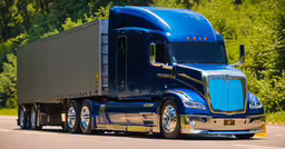 a semi truck travels down a curvy highway,a truck with a trailer driving on a road near some trees