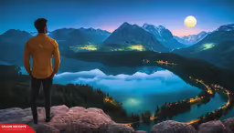 a man standing at the top of a mountain looking out over a lake