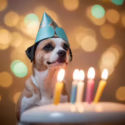 dog with party hat sitting in front of birthday cake with candles