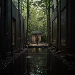 a person is walking towards a small building in the woods