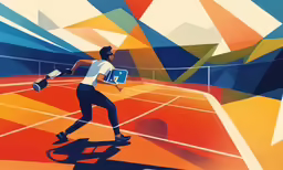 a painting of a man on a tennis court