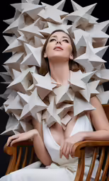 a woman wearing a white dress and large, gray objects on her head