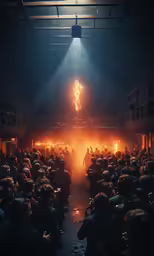 a crowd watching a performance on stage during a fire show