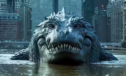 the head of godzilla monster in water with city buildings