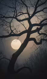 a very big tree with some branches and a sun in the sky