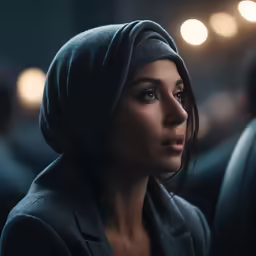 a woman with a turban on looks off to the left