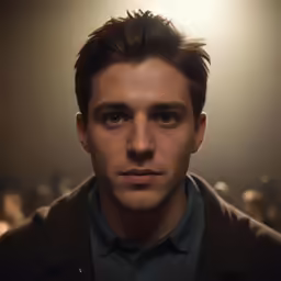 a man standing in front of a crowd in the dark