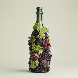 a glass bottle with several different types of grapes on it