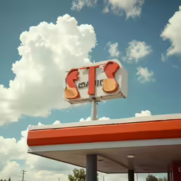 a sky view of the front of a gas station with a stop sign that says gourmet