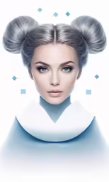 a woman with a big white hat and a top knot in her hair