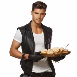 a man wearing a vest and holding a plate of cookies