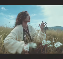 a young woman wearing white in a field with flowers