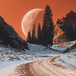 a desert road near mountains with trees under a red sky