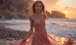 a girl in pink wearing a dress by the water