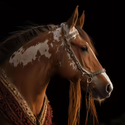 a beautiful brown and white horse with a golden crown