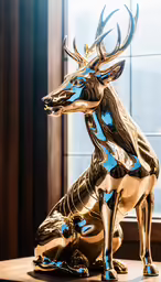 a golden deer and a blue deer statue in front of a window