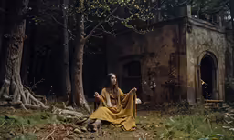 the woman in the yellow dress is sitting outside
