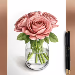 a drawing of some pink roses in a glass