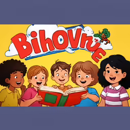 children with a book are smiling in front of a book cover for blovia