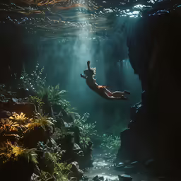 a woman swimming in a pool of water with sunlight