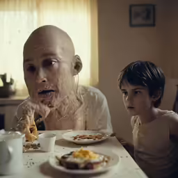 a man is standing near a child who is staring at food