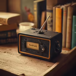 a radio sitting on top of a wooden table