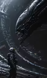 a man in space suit near alien type creature