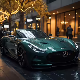 a beautiful dark green mercedes benz car sits on the side of a street