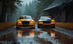 two vehicles parked on the side of a wet road