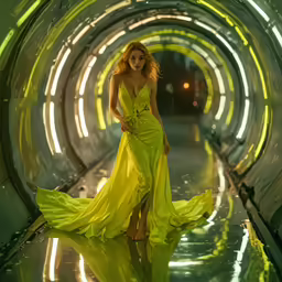 a girl wearing a yellow dress standing in a tunnel